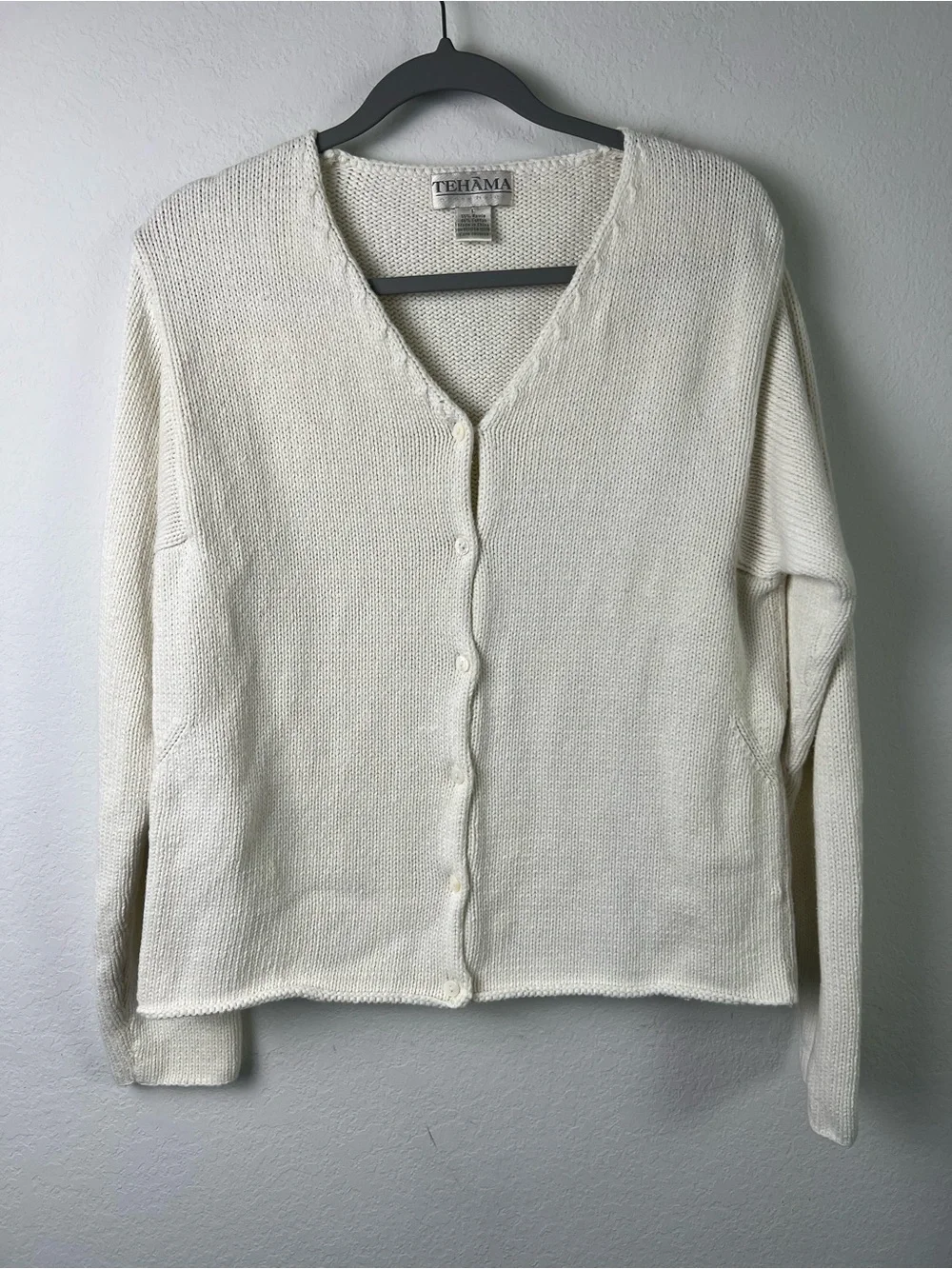 Vintage Tehama White Ramie Cotton Textured V-neck Minimalist Timeless Cardigan